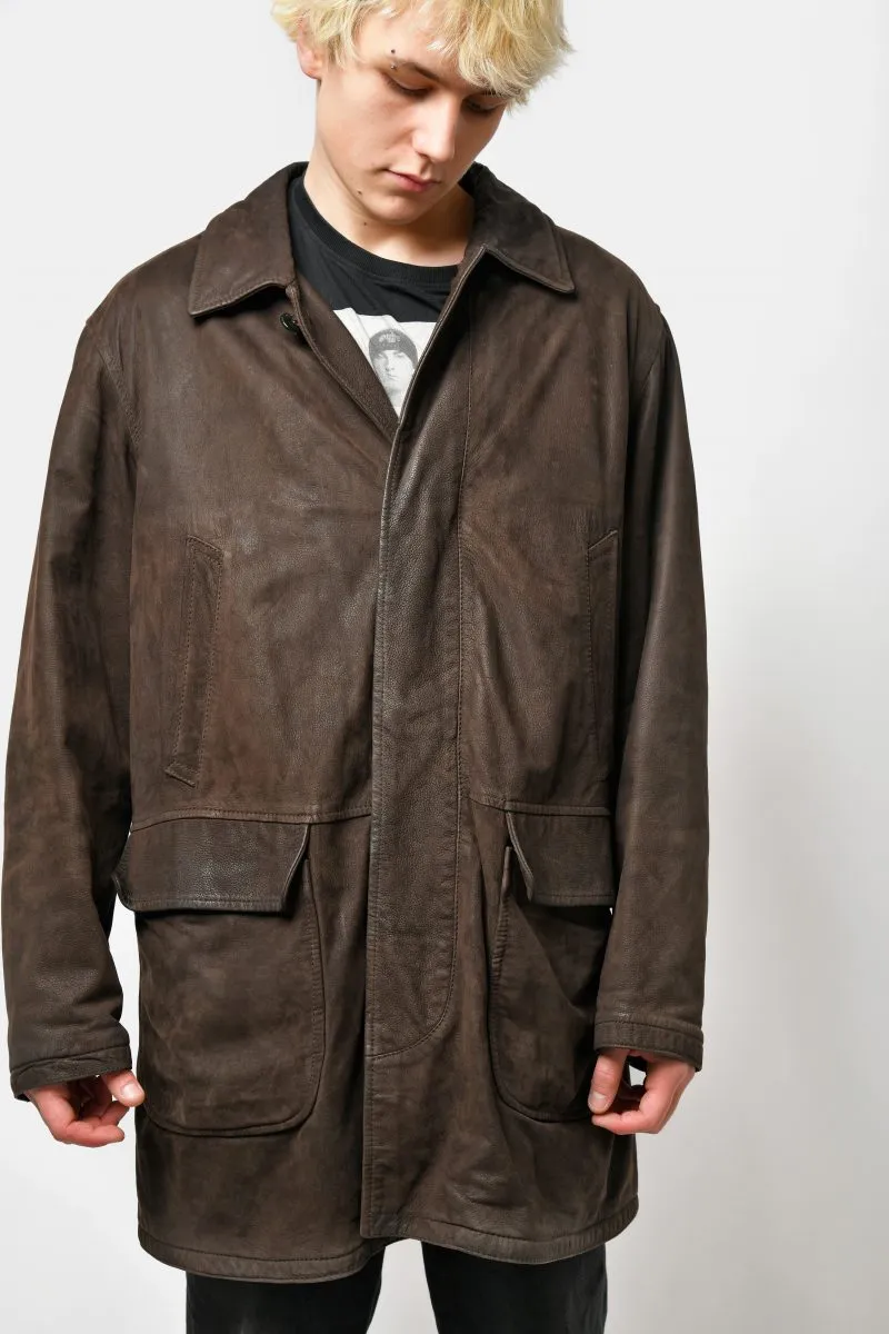 Vintage brown long leather coat