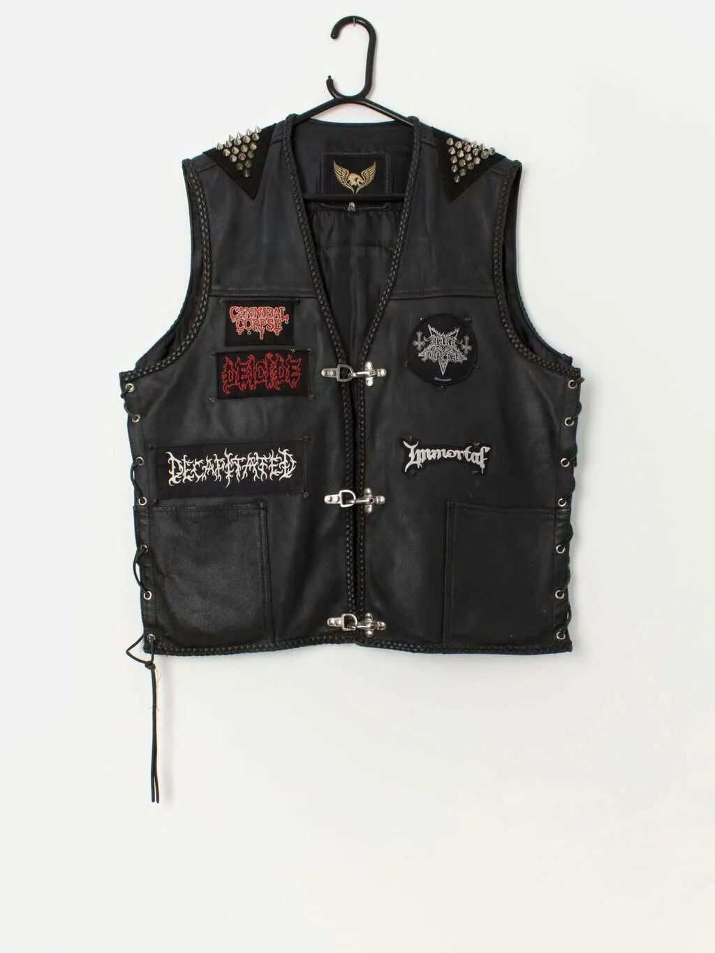 Vintage heavy metal leather studded waistcoat with band patches – 2XL