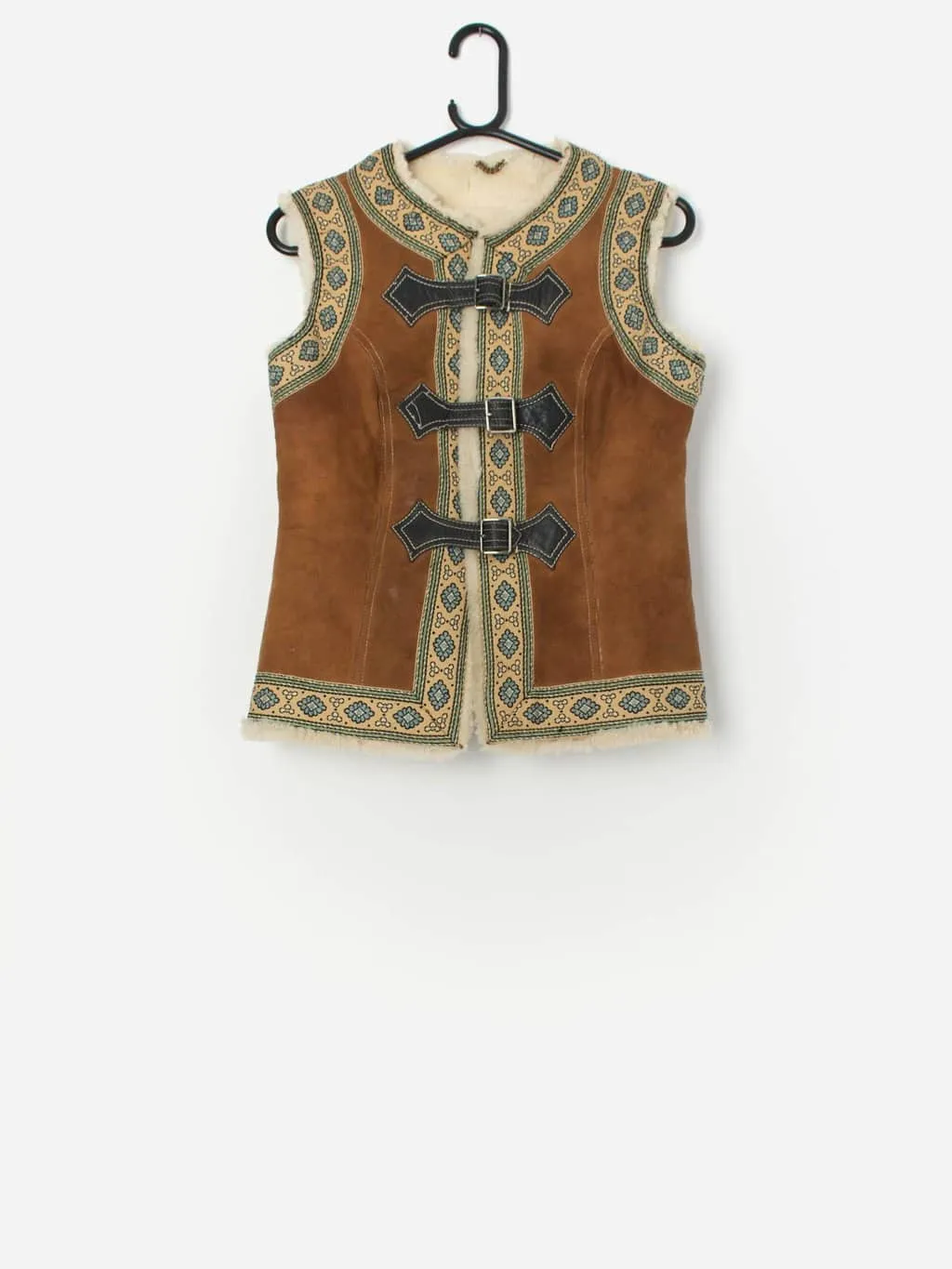 Vintage suede embroidered waistcoat/gilet with sheepskin lining – XS / Small