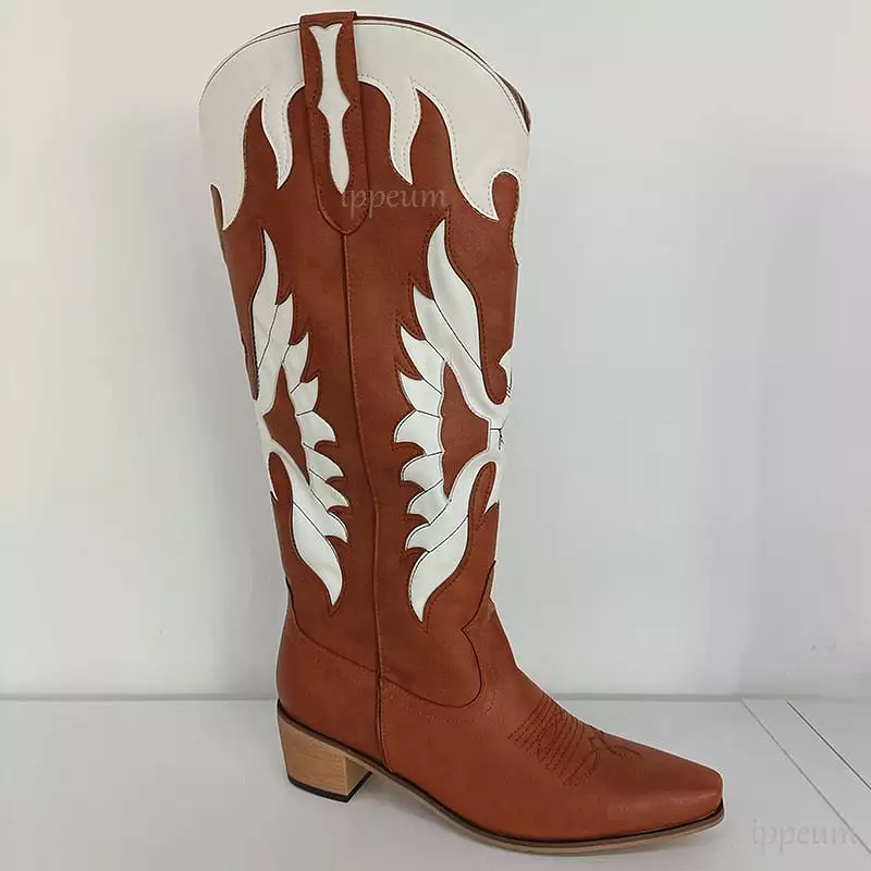 Western Cowboy Boots For Women Firebird Embroidery Leather Knee High Boot Country Western Brown Cowgirl Shoes