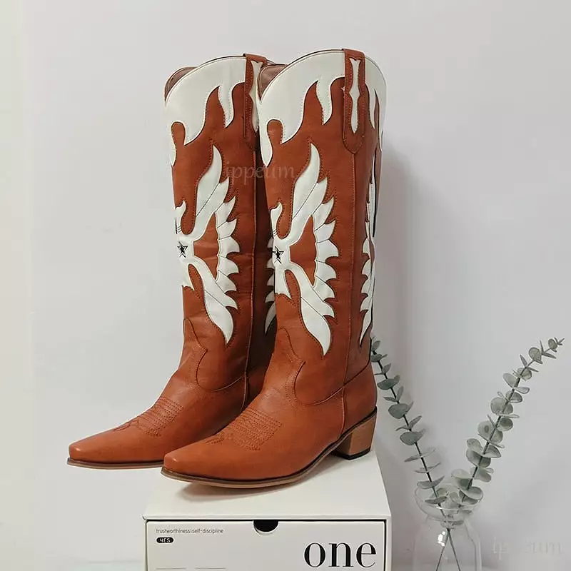 Western Cowboy Boots For Women Firebird Embroidery Leather Knee High Boot Country Western Brown Cowgirl Shoes