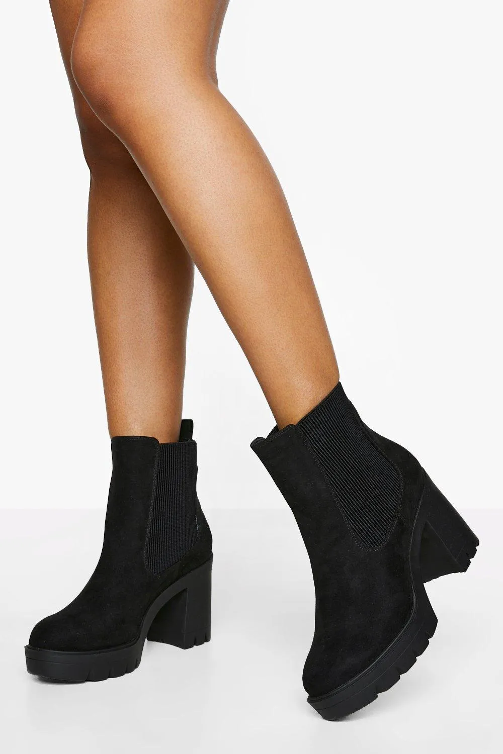 Wide Fit Faux Suede Chunky Heeled Chelsea Boots