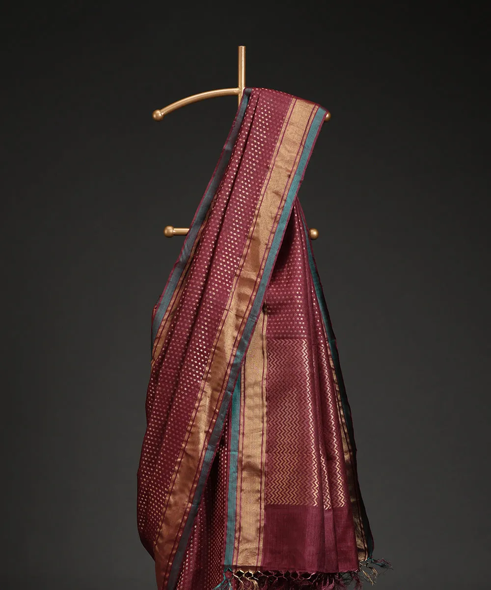 Wine Handloom Kosa Silk Saree With All Over Golden Booti