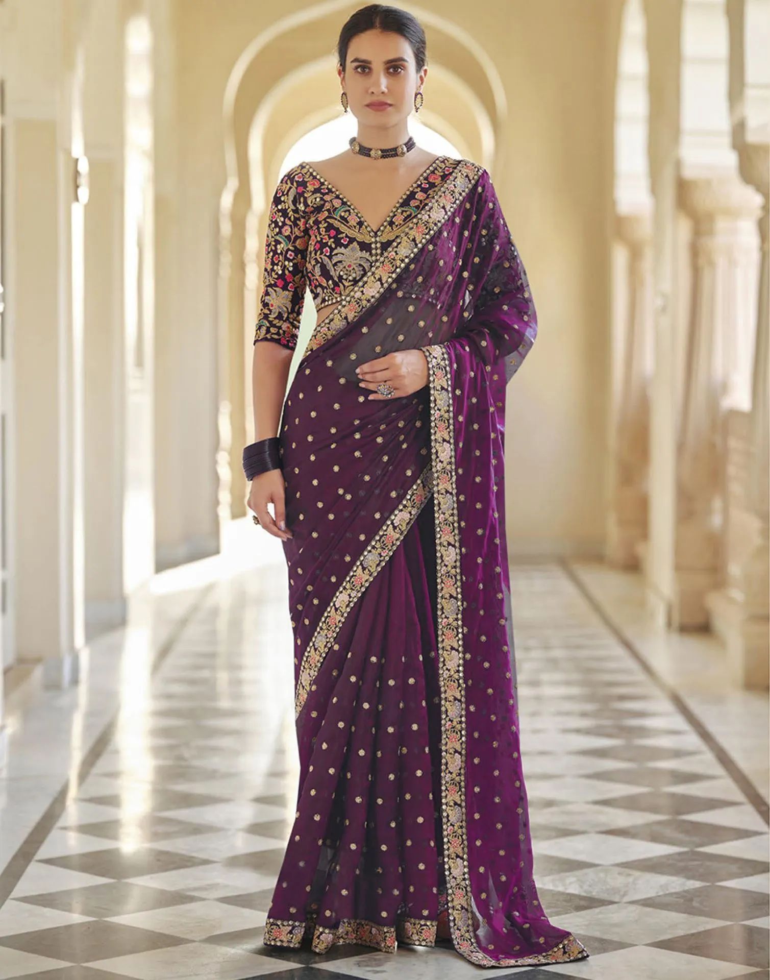 Wine Sequence Saree