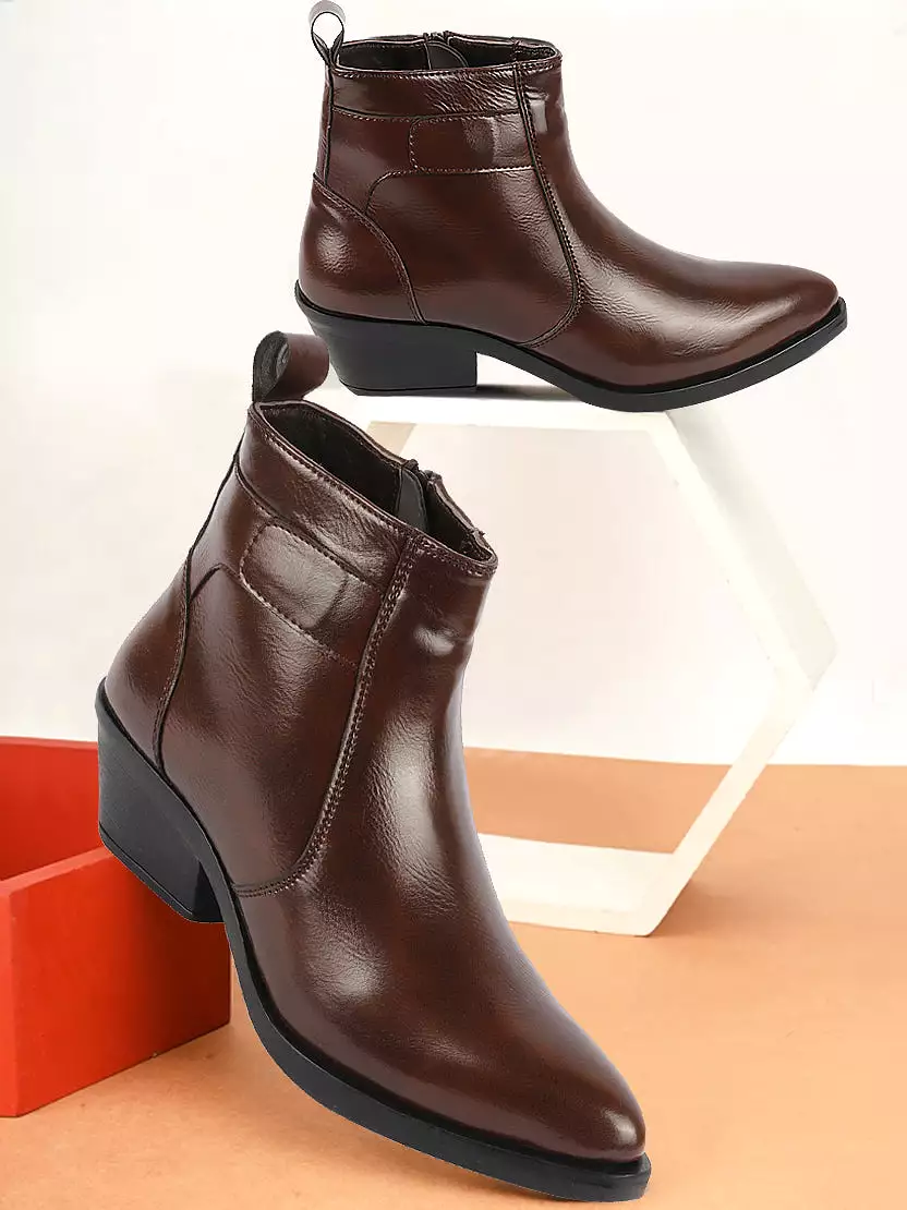 Women Brown Mid Top Side Zipper Slip On Flared Heel Pointed Toe Chelsea Boots