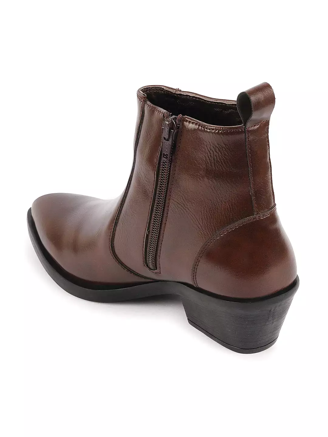 Women Brown Mid Top Side Zipper Slip On Flared Heel Pointed Toe Chelsea Boots