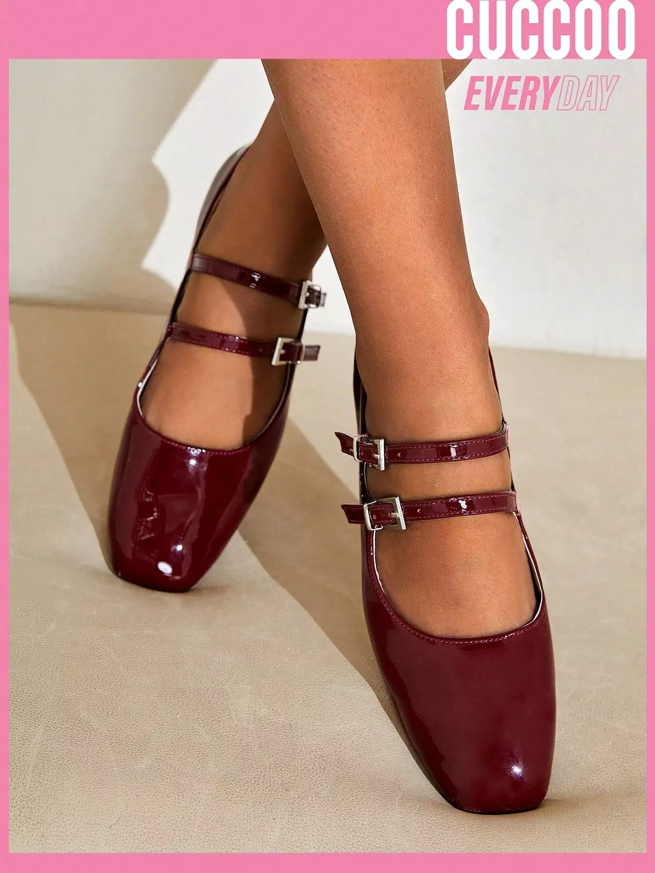 Women Fashion Leather Burgundy Mary Jane Buckle Decor Square Toe Red Flats, Valentine's Shoes