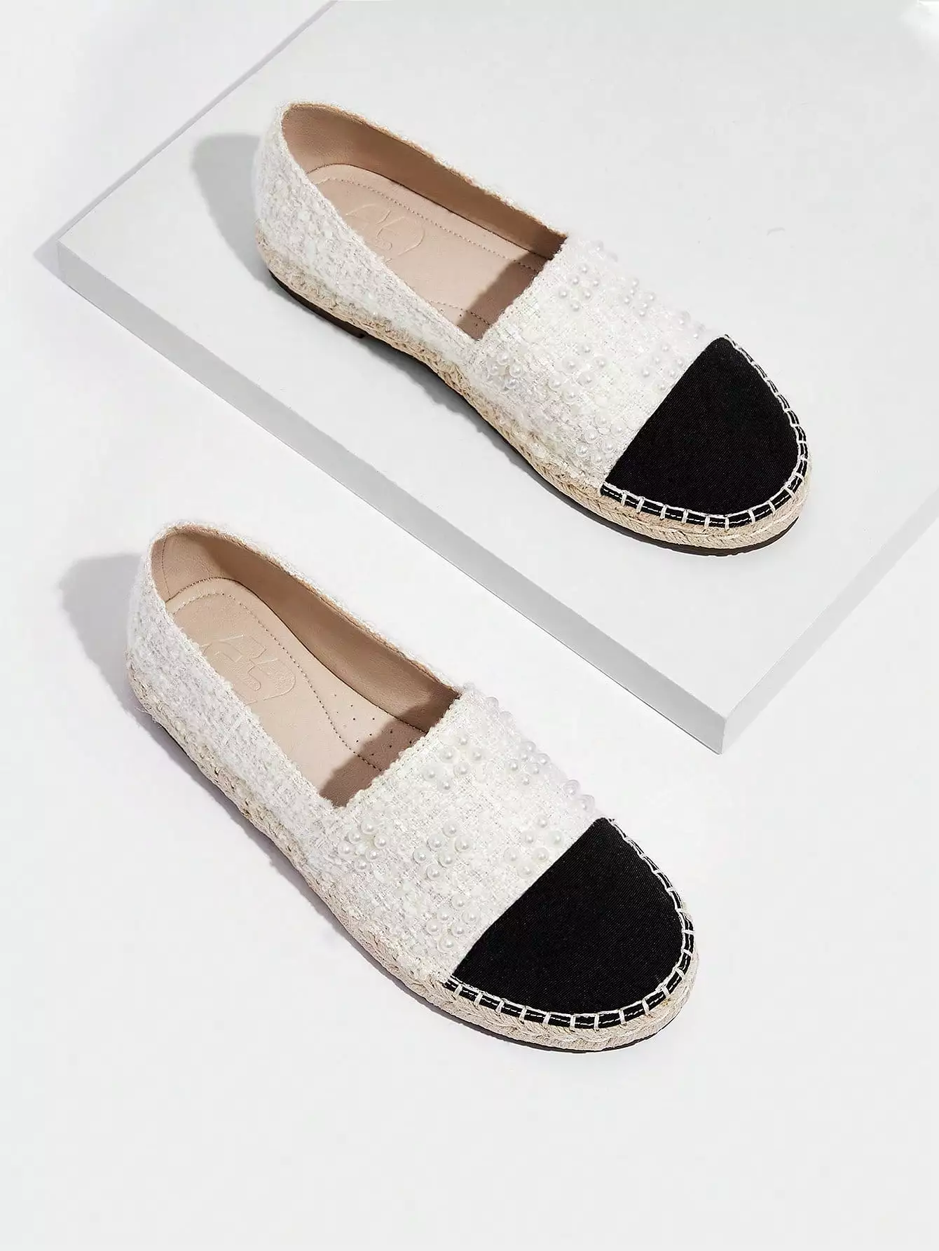 Women Faux Pearl Decor Espadrille Flats, Vacation Outdoor Fabric Flat Shoes