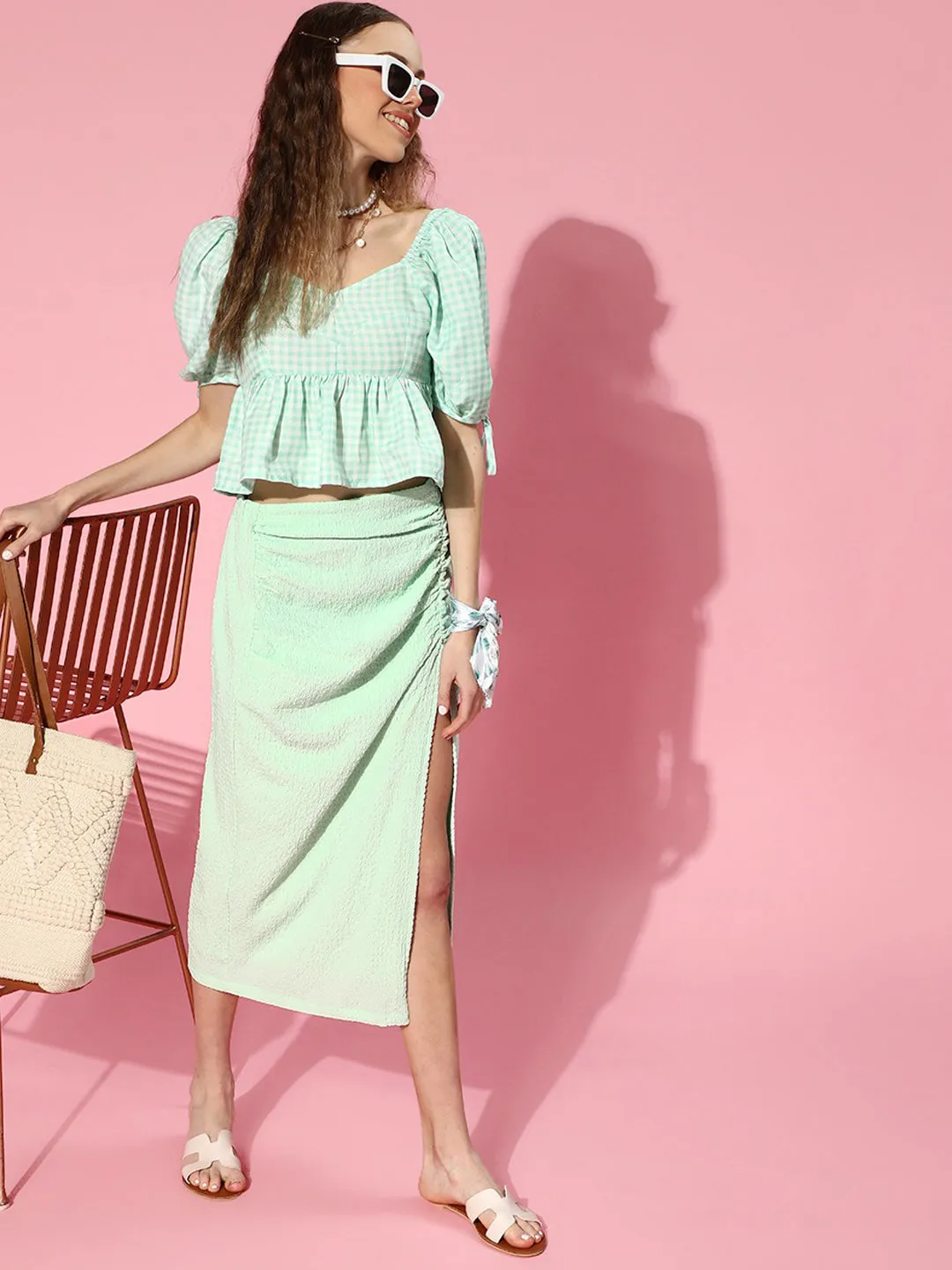 Women Mint Green Side Ruched Skirt