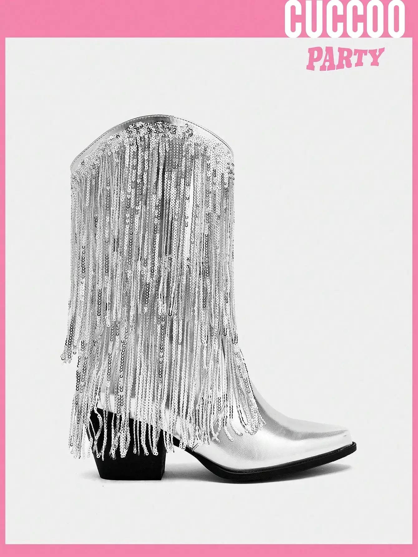 Women Shoes Fringe & Sequins Decor Point Toe Chunky Heeled Western Boots, Glamorous Outdoor Boots Valentines Day