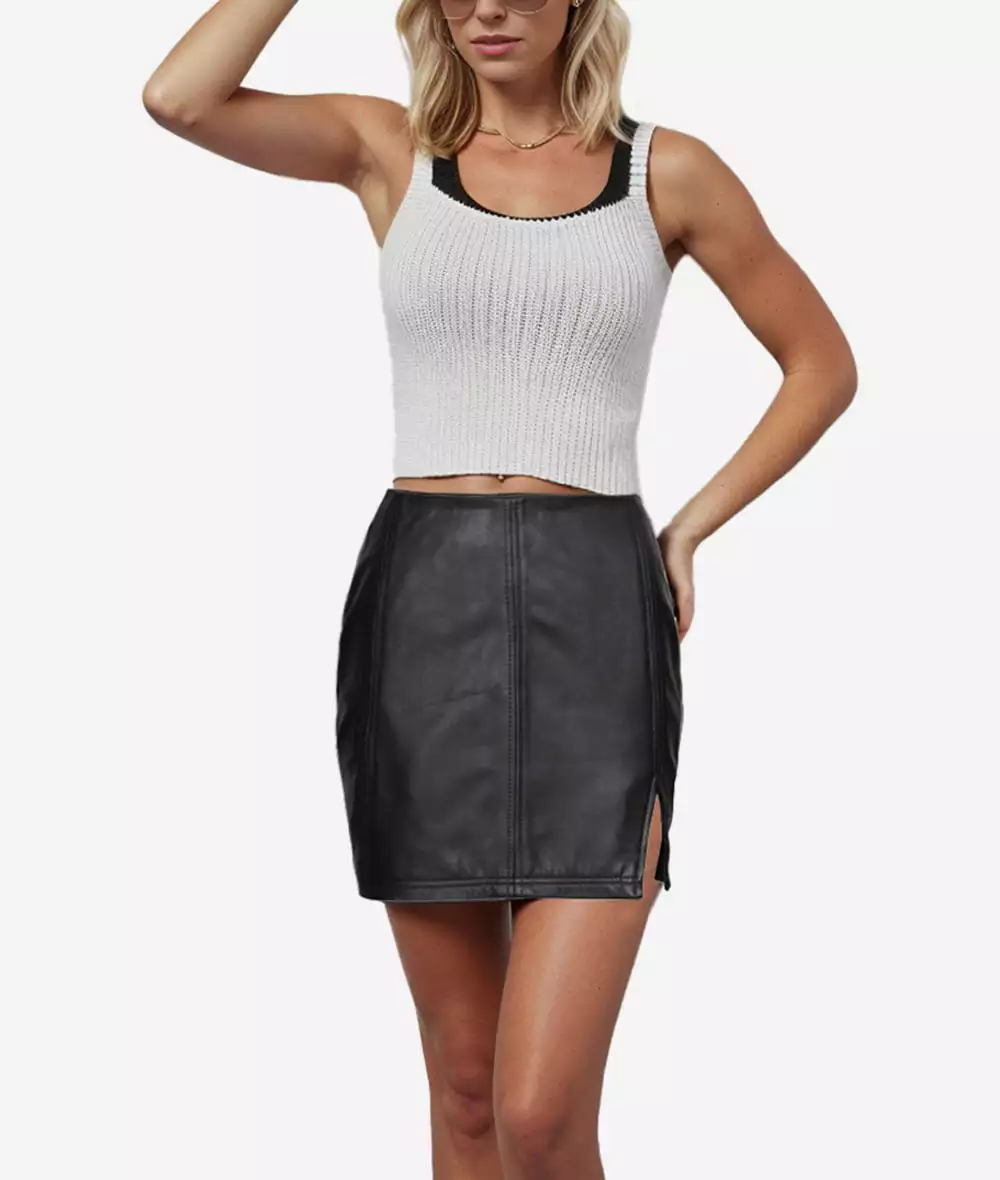 Women's Black Body Fitted Mini Real Leather Skirt