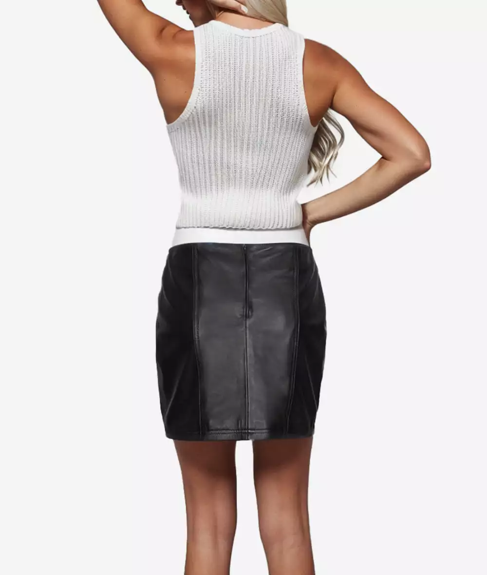 Women's Black Body Fitted Mini Real Leather Skirt