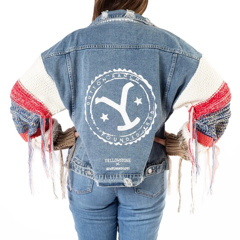 Yellowstone Dutton Ranch Sweater Sleeve Wren + Glory Hand Painted Denim Jacket