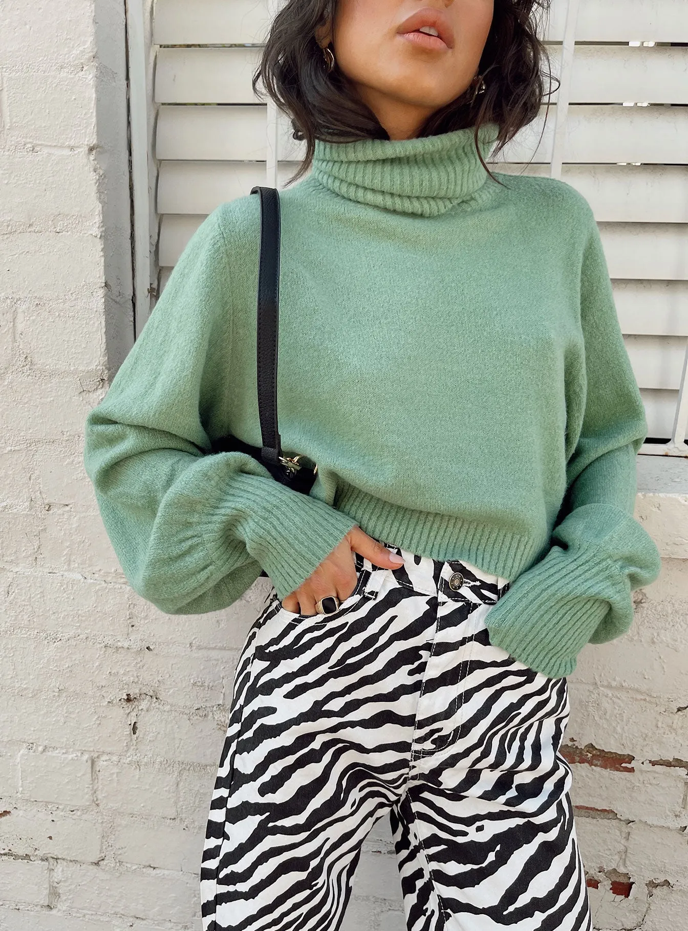 Zahara Cropped Turtleneck Sweater Green Petite